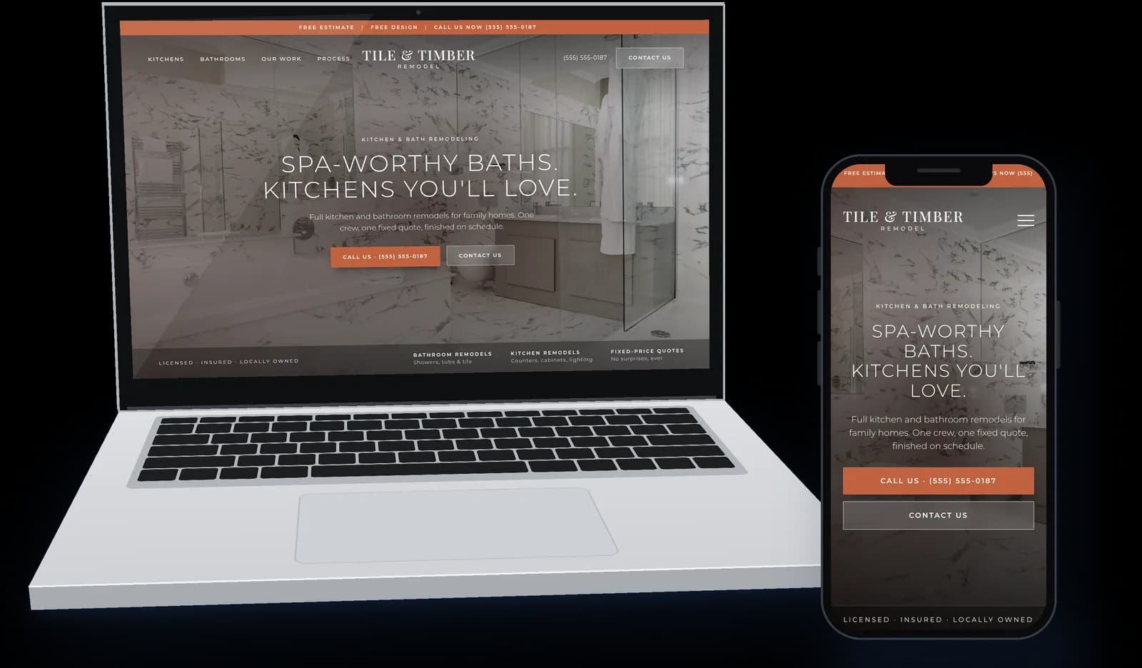 Sample website for a fictional kitchen and bath remodeler, shown on a laptop and phone