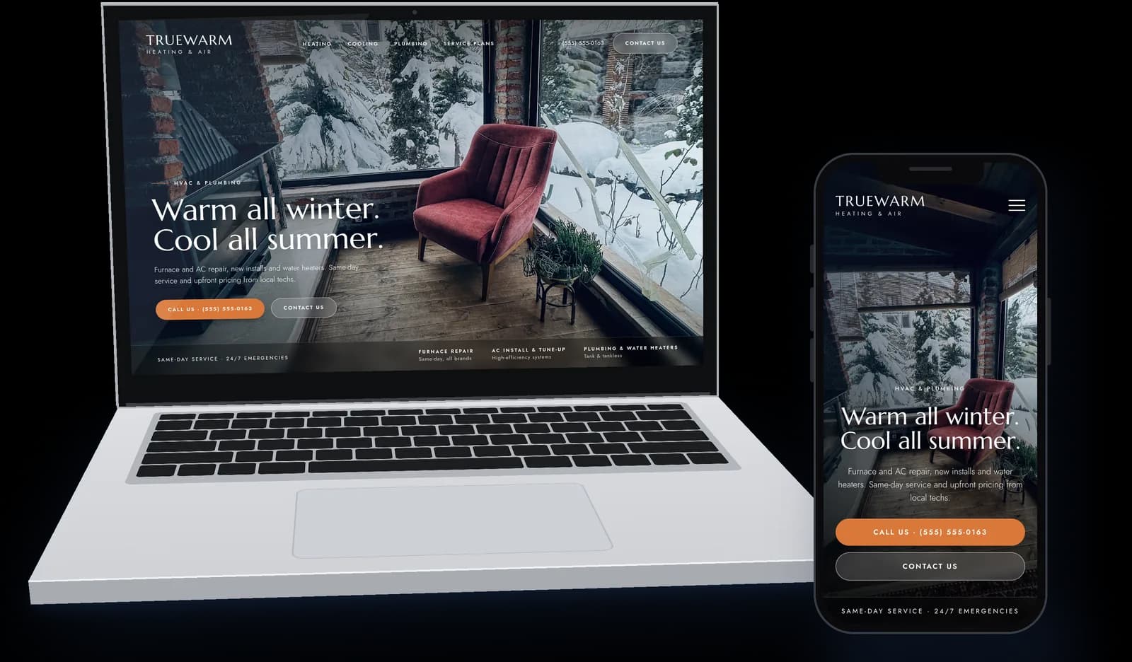 Sample website for a fictional heating and air company, shown on a laptop and phone